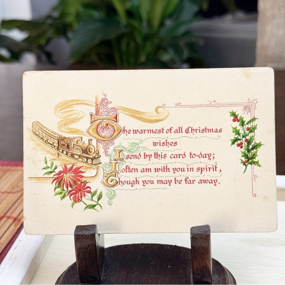 Antique Christmas Wishes Express Train Postcard Paper Ephemera